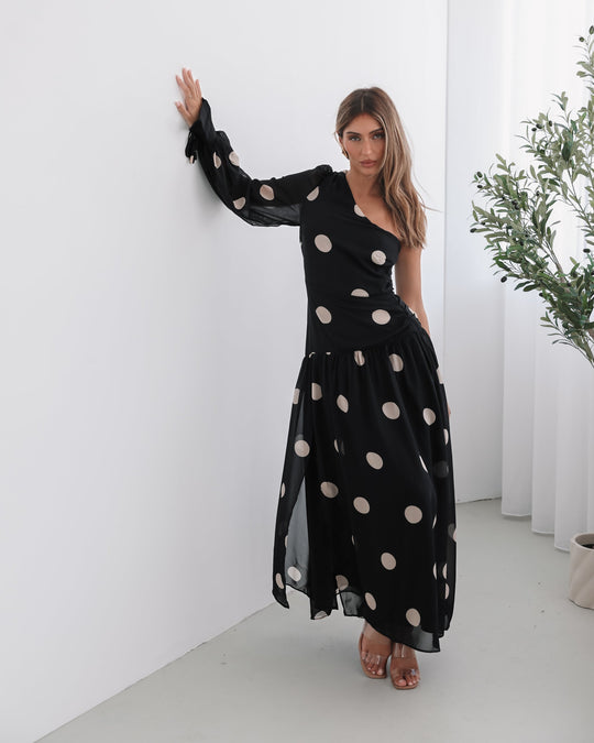 Kobieta | Sukienka Maxi | Wzór w Kropki | Dekolt na Jedno Ramię | Marszczona Talia | Styl Elegancki