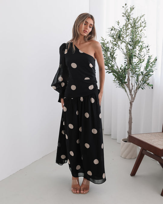 Kobieta | Sukienka Maxi | Wzór w Kropki | Dekolt na Jedno Ramię | Marszczona Talia | Styl Elegancki