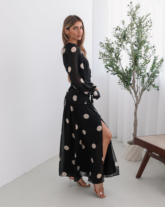 Kobieta | Sukienka Maxi | Wzór w Kropki | Dekolt na Jedno Ramię | Marszczona Talia | Styl Elegancki