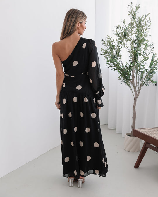 Kobieta | Sukienka Maxi | Wzór w Kropki | Dekolt na Jedno Ramię | Marszczona Talia | Styl Elegancki