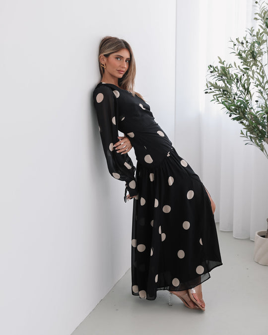 Kobieta | Sukienka Maxi | Wzór w Kropki | Dekolt na Jedno Ramię | Marszczona Talia | Styl Elegancki
