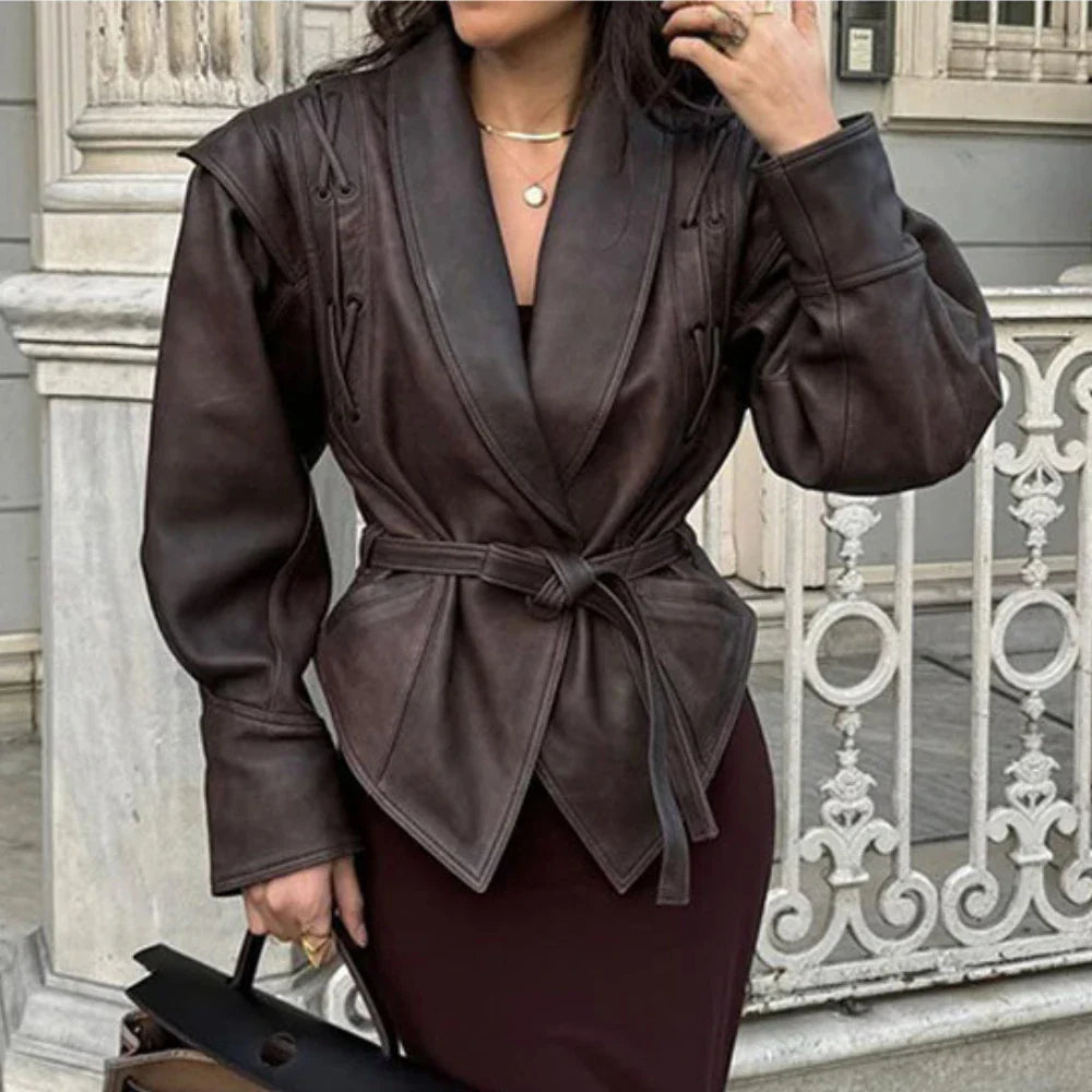 Maïa Elegancka Kurtka z Sztucznej Skóry Damska | Pasek | Krótki Fason | Stylowa i Nowoczesna