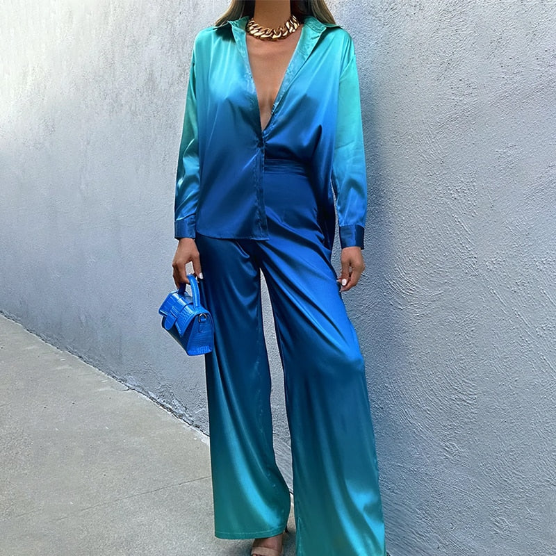 Zoey | Letni Dwuczęściowy Zestaw z Kolorowym Przejściem | Bluzka z Bufkami i Spodnie