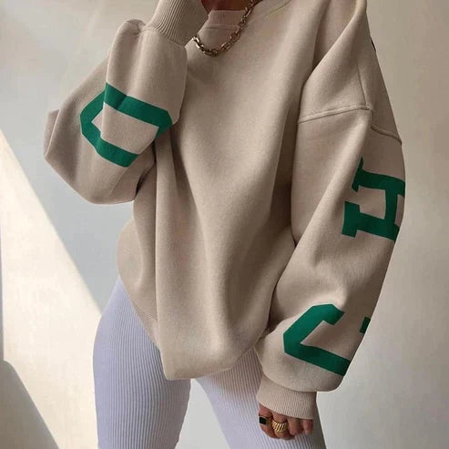 Damska Oversized Bluza – Komfortowy Krój – Okrągły Dekolt – Graficzne Rękawy – Styl Casual