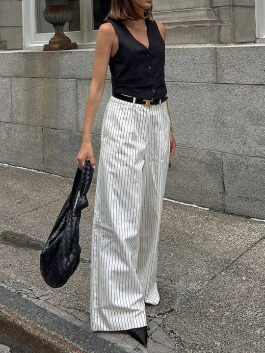 Damskie Spodnie z Wysokim Stanem i Szeroką Nogawką | Elegancki Krój z Fałdami i Kieszeniami | Komfortowe Spodnie do Pracy i Na Co Dzień | Styl Smart Casual