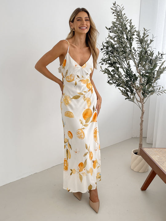 Kobieta | Sukienka Maxi | Fit and Flare | Dekolt V | Cienkie Ramiączka | Print
