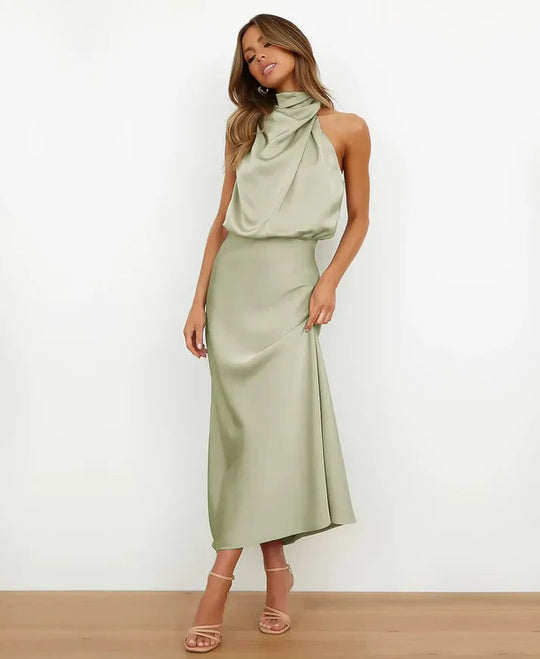 Sophie | Elegancka Satynowa Sukienka Midi Halter | Dopasowany Fason | Formalna Sukienka na Wesele, Galę i Wieczorne Wyjścia