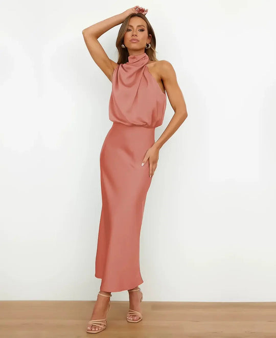 Sophie | Elegancka Satynowa Sukienka Midi Halter | Dopasowany Fason | Formalna Sukienka na Wesele, Galę i Wieczorne Wyjścia