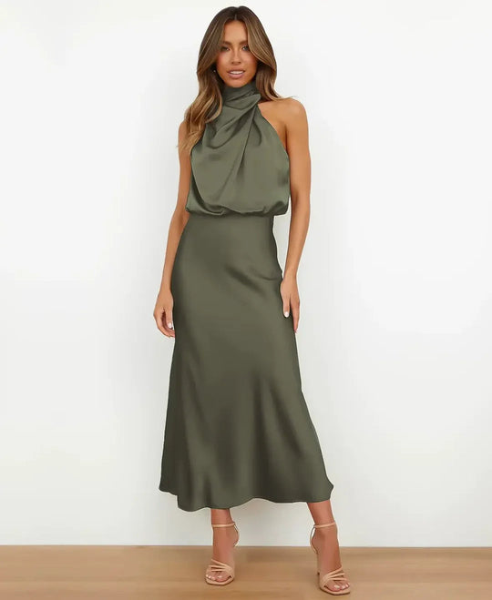Sophie | Elegancka Satynowa Sukienka Midi Halter | Dopasowany Fason | Formalna Sukienka na Wesele, Galę i Wieczorne Wyjścia