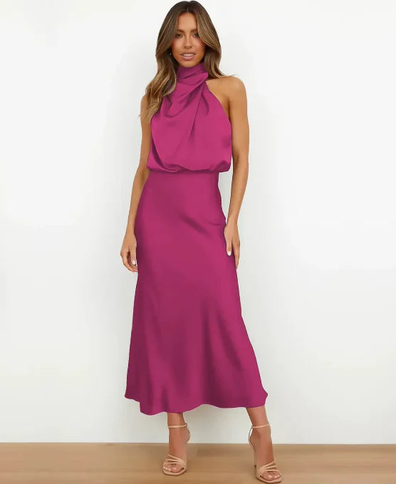 Sophie | Elegancka Satynowa Sukienka Midi Halter | Dopasowany Fason | Formalna Sukienka na Wesele, Galę i Wieczorne Wyjścia