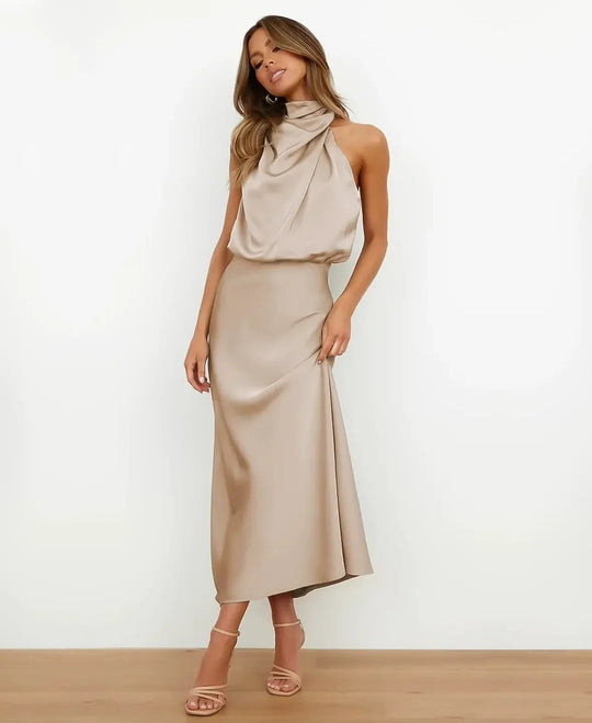 Sophie | Elegancka Satynowa Sukienka Midi Halter | Dopasowany Fason | Formalna Sukienka na Wesele, Galę i Wieczorne Wyjścia