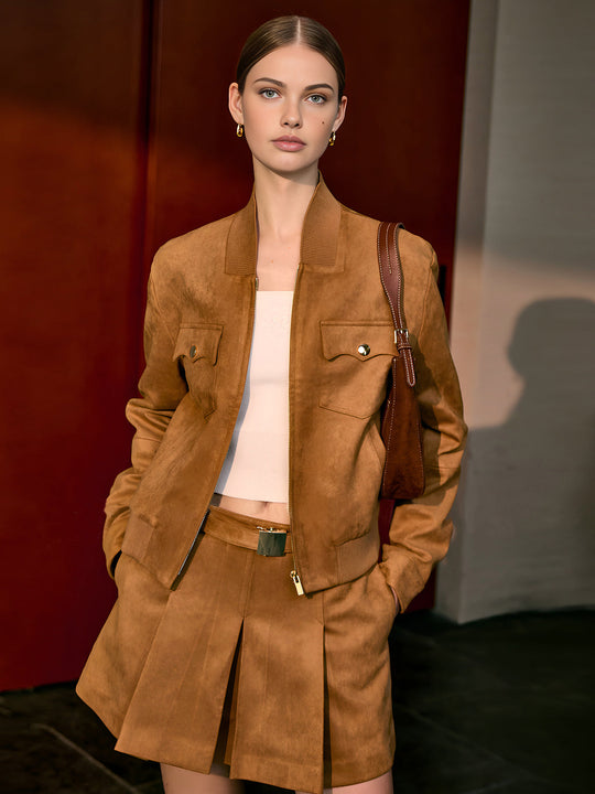 Carisa | Dwuczęściowy zestaw damski | Suede-look | Kurtka cropped | Mini spódnica | Regular fit