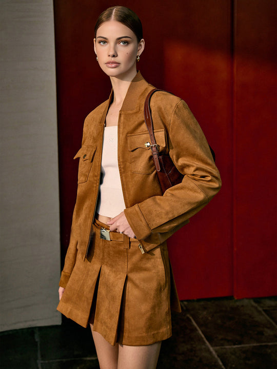 Carisa | Dwuczęściowy zestaw damski | Suede-look | Kurtka cropped | Mini spódnica | Regular fit