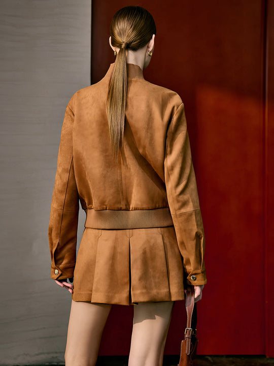 Carisa | Dwuczęściowy zestaw damski | Suede-look | Kurtka cropped | Mini spódnica | Regular fit