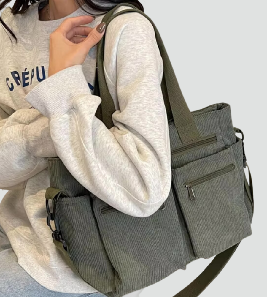 Torba shopper damska | sztruksowa, liczne kieszenie