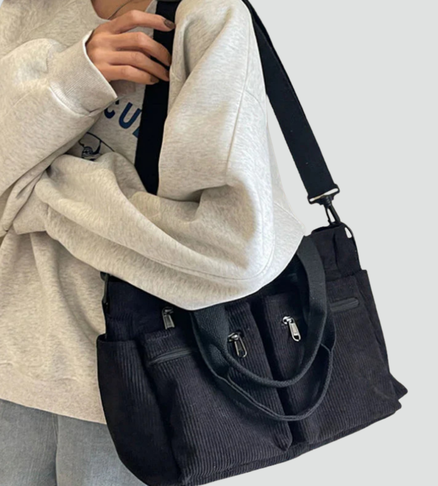 Torba shopper damska | sztruksowa, liczne kieszenie