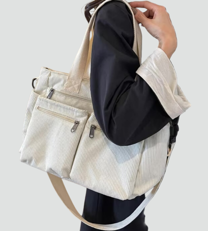Torba shopper damska | sztruksowa, liczne kieszenie