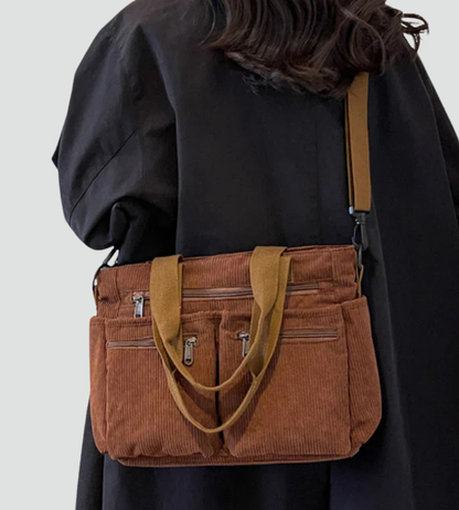 Torba shopper damska | sztruksowa, liczne kieszenie