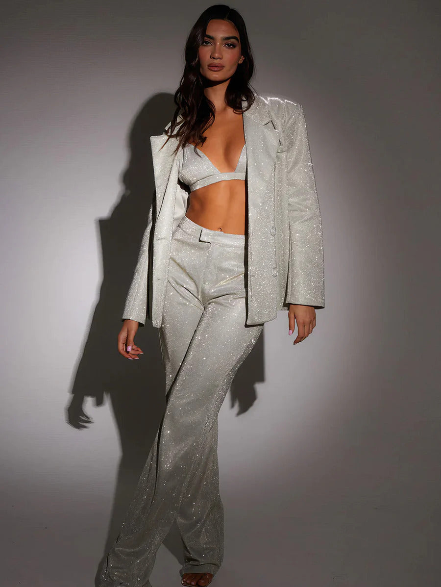 Damski | Glitterpak | Komplet 3-częściowy | Blazer, Bralette, Spodnie | All-over Glitter | Glamour