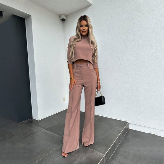 Kobieta | Zestaw 2-częściowy | Top z Krótkim Rękawem | Luźne Spodnie | Styl Casual Elegancki