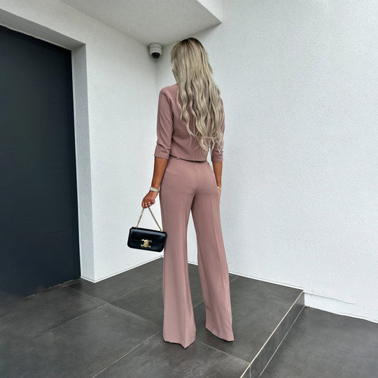 Kobieta | Zestaw 2-częściowy | Top z Krótkim Rękawem | Luźne Spodnie | Styl Casual Elegancki