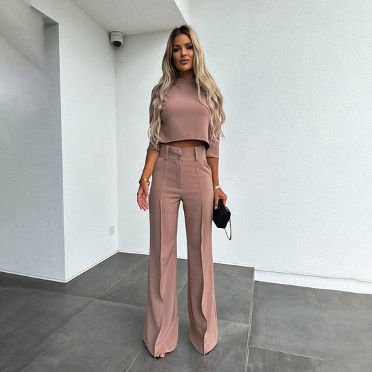 Kobieta | Zestaw 2-częściowy | Top z Krótkim Rękawem | Luźne Spodnie | Styl Casual Elegancki