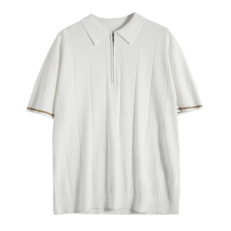 Męska Koszulka Polo z Krótkim Rękawem | Zamek Błyskawiczny | Paski na Rękawach | Regular Fit | Casual i Smart Casual