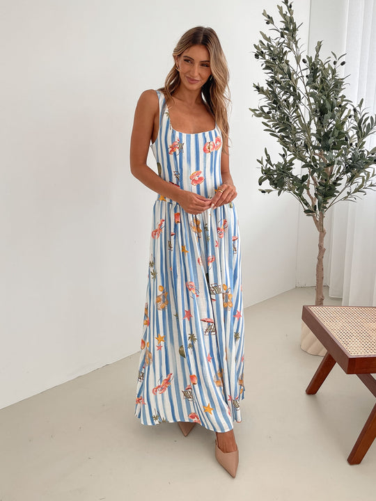 Kobieta | Sukienka Maxi | Wzór Niebieski | Kwadratowy Dekolt | Zwiewna Spódnica | Styl Elegancki