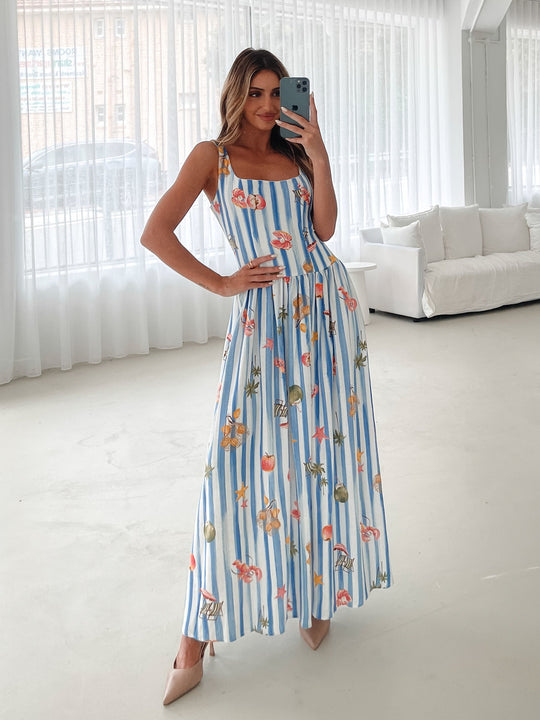 Kobieta | Sukienka Maxi | Wzór Niebieski | Kwadratowy Dekolt | Zwiewna Spódnica | Styl Elegancki