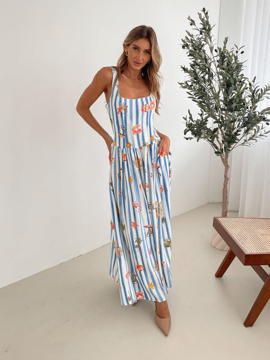 Kobieta | Sukienka Maxi | Wzór Niebieski | Kwadratowy Dekolt | Zwiewna Spódnica | Styl Elegancki