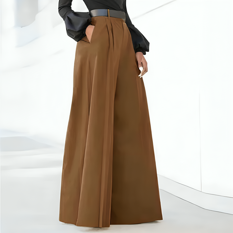 Damskie Spodnie z Wysokim Stanem i Szerokimi Nogawkami | Eleganckie Fałdy z Przodu | Elastyczny Materiał | Na Co Dzień i Smart Casual