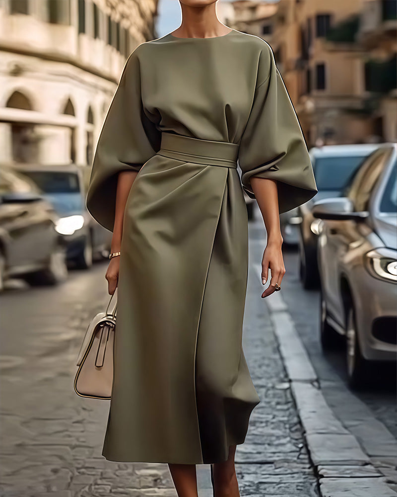 Valeria | Elegancka Sukienka Midi Damska | Lanternowe Rękawy | Pasek w Talii | Guziki | Na Spotkania i Wyjątkowe Okazje