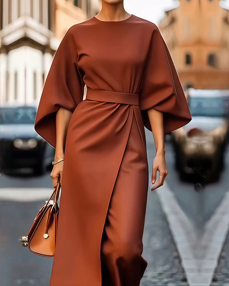Valeria | Elegancka Sukienka Midi Damska | Lanternowe Rękawy | Pasek w Talii | Guziki | Na Spotkania i Wyjątkowe Okazje