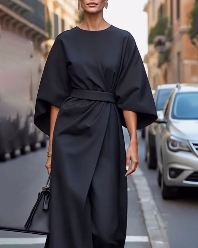 Valeria | Elegancka Sukienka Midi Damska | Lanternowe Rękawy | Pasek w Talii | Guziki | Na Spotkania i Wyjątkowe Okazje