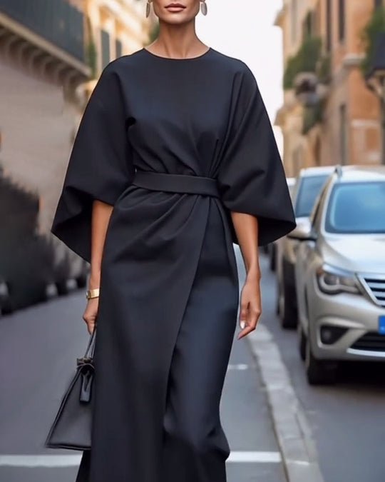 Valeria | Elegancka Sukienka Midi Damska | Lanternowe Rękawy | Pasek w Talii | Guziki | Na Spotkania i Wyjątkowe Okazje