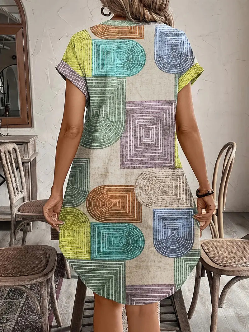 Vera | Damska Sukienka Boho Mini z Dekoltem V | Geometryczny Print | Guziki z Przodu | Krótki Rękaw | Wiosna i Lato