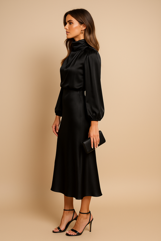 Viorica | Elegancka Sukienka Midi Damska | Wysoka Talia | Wysoki Dekolt | Bawełniana Mieszanka | Na Eleganckie Okazje