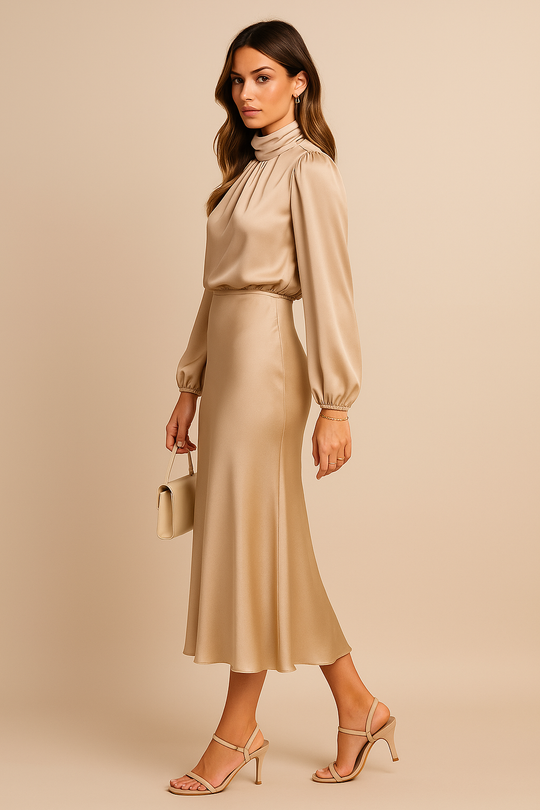 Viorica | Elegancka Sukienka Midi Damska | Wysoka Talia | Wysoki Dekolt | Bawełniana Mieszanka | Na Eleganckie Okazje