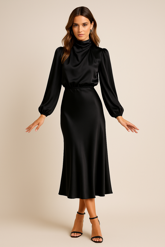 Viorica | Elegancka Sukienka Midi Damska | Wysoka Talia | Wysoki Dekolt | Bawełniana Mieszanka | Na Eleganckie Okazje