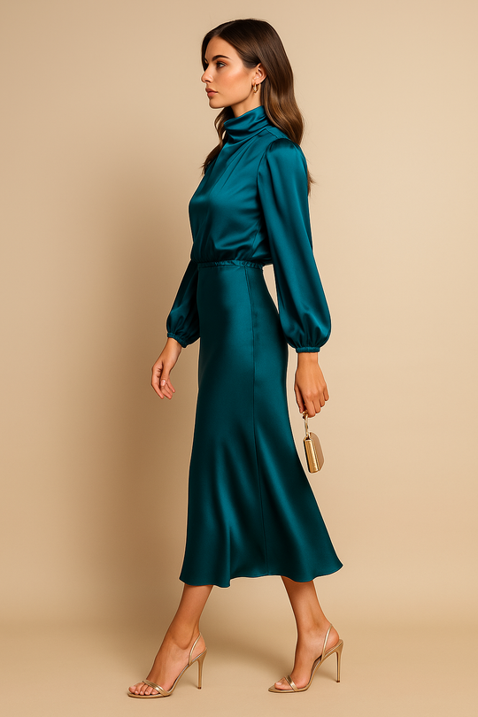 Viorica | Elegancka Sukienka Midi Damska | Wysoka Talia | Wysoki Dekolt | Bawełniana Mieszanka | Na Eleganckie Okazje