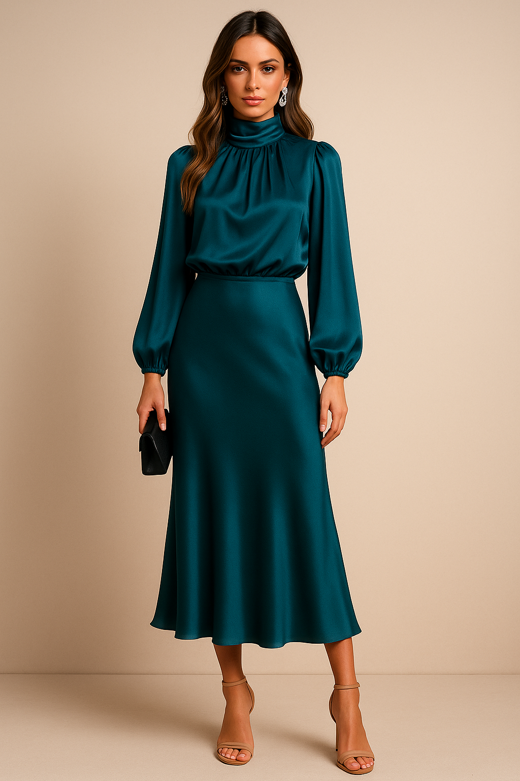 Viorica | Elegancka Sukienka Midi Damska | Wysoka Talia | Wysoki Dekolt | Bawełniana Mieszanka | Na Eleganckie Okazje