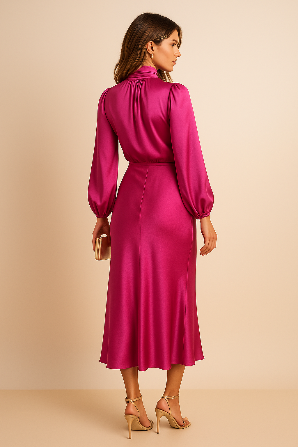 Viorica | Elegancka Sukienka Midi Damska | Wysoka Talia | Wysoki Dekolt | Bawełniana Mieszanka | Na Eleganckie Okazje