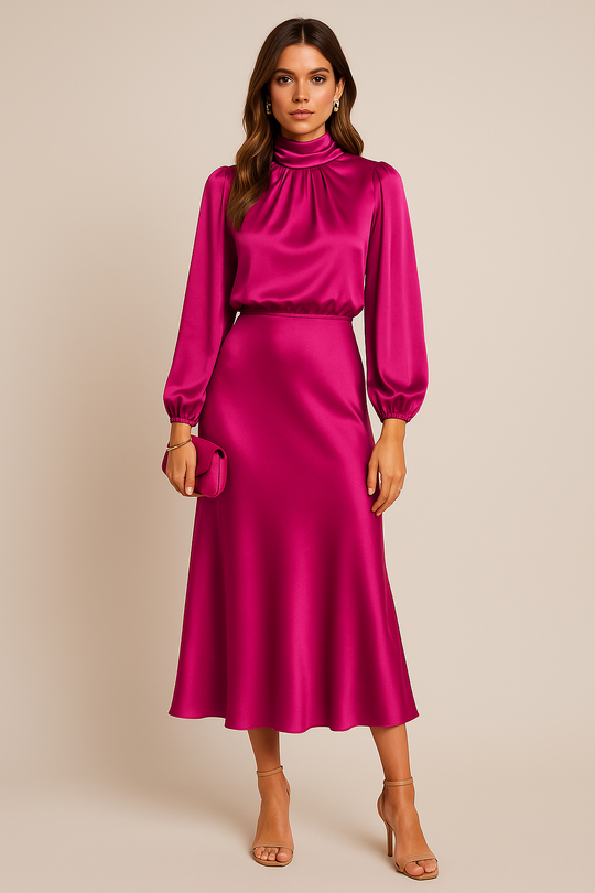 Viorica | Elegancka Sukienka Midi Damska | Wysoka Talia | Wysoki Dekolt | Bawełniana Mieszanka | Na Eleganckie Okazje