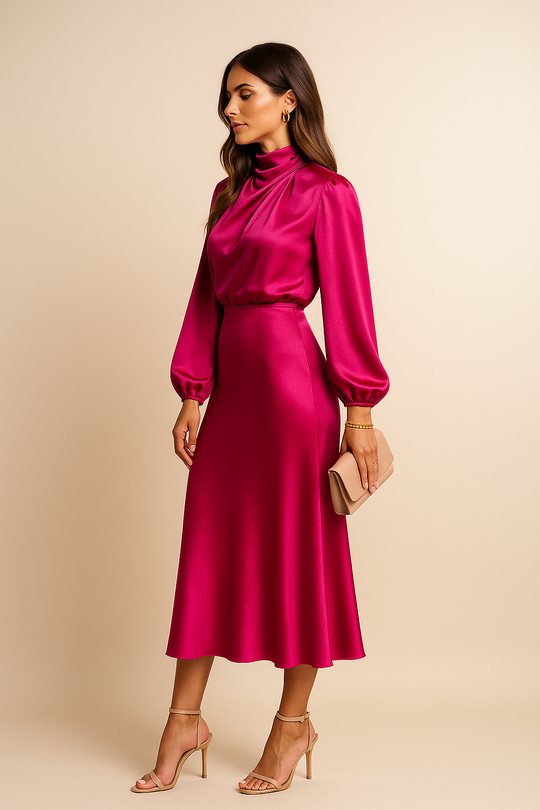 Viorica | Elegancka Sukienka Midi Damska | Wysoka Talia | Wysoki Dekolt | Bawełniana Mieszanka | Na Eleganckie Okazje