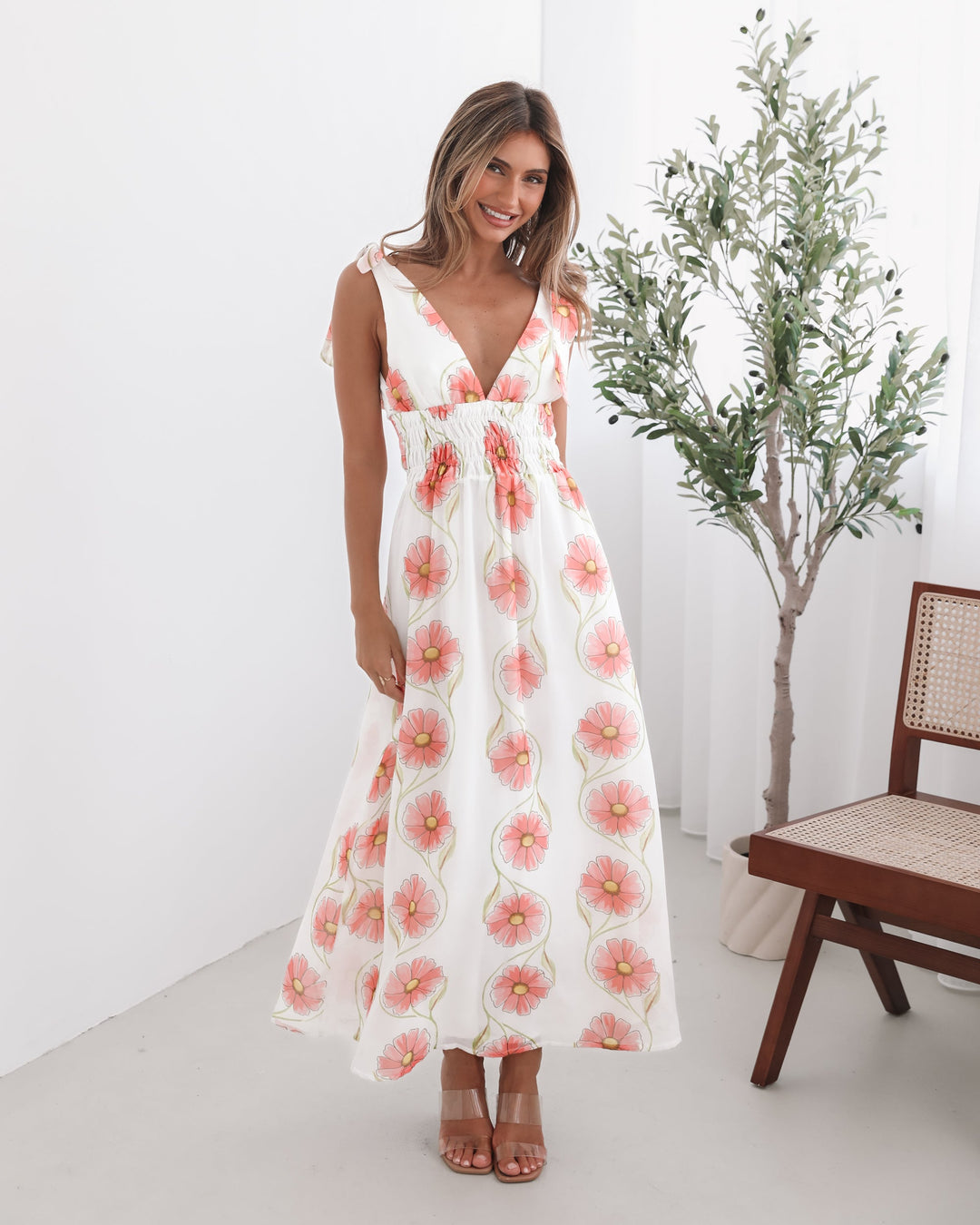 Kobieta | Sukienka Maxi | Wzór Kwiatowy | Ramiączka z Kokardą | Marszczona Talia | Styl Elegancki