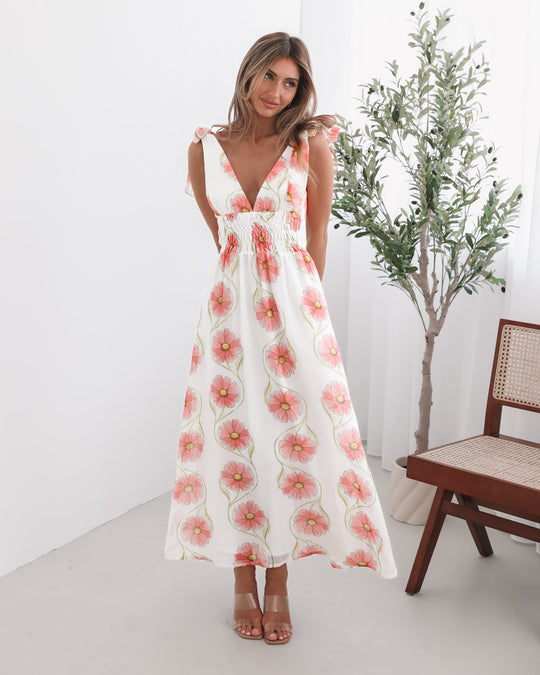 Kobieta | Sukienka Maxi | Wzór Kwiatowy | Ramiączka z Kokardą | Marszczona Talia | Styl Elegancki