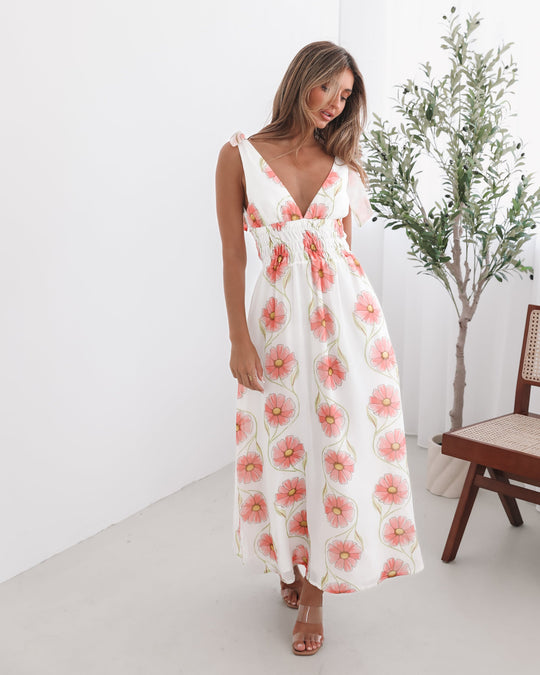 Kobieta | Sukienka Maxi | Wzór Kwiatowy | Ramiączka z Kokardą | Marszczona Talia | Styl Elegancki