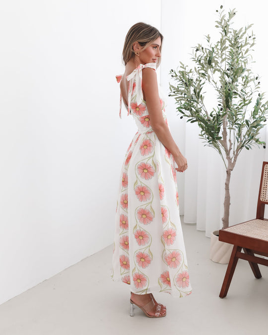 Kobieta | Sukienka Maxi | Wzór Kwiatowy | Ramiączka z Kokardą | Marszczona Talia | Styl Elegancki