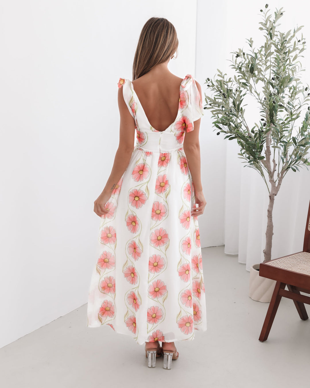 Kobieta | Sukienka Maxi | Wzór Kwiatowy | Ramiączka z Kokardą | Marszczona Talia | Styl Elegancki