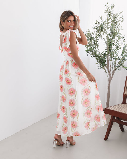 Kobieta | Sukienka Maxi | Wzór Kwiatowy | Ramiączka z Kokardą | Marszczona Talia | Styl Elegancki